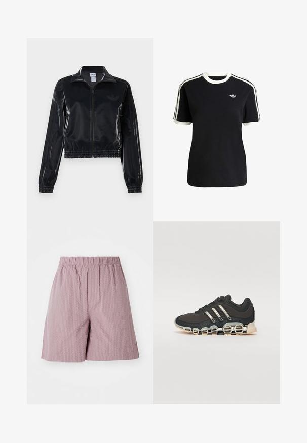 Giacca a piedi nera lucida con zip, dotata di polsini e orlo elastici, con discreti dettagli a tre strisce sulle maniche e un logo tonale sul petto.; T-shirt nera in cotone con accenti bianchi sul collo e sulle maniche, caratterizzata da tre strisce bianche su ciascun spalla e un piccolo logo sul petto.; Pantaloni shorts rosa chiaro realizzati in un tessuto testurizzato con vita elasticizzata e taglio dritto. Presentano un motivo delicato e un orlo pulito.; Scarpa da ginnastica nera con tomaia testurizzata, tre strisce argentate e una suola ammortizzata distintiva con più sezioni integrate.