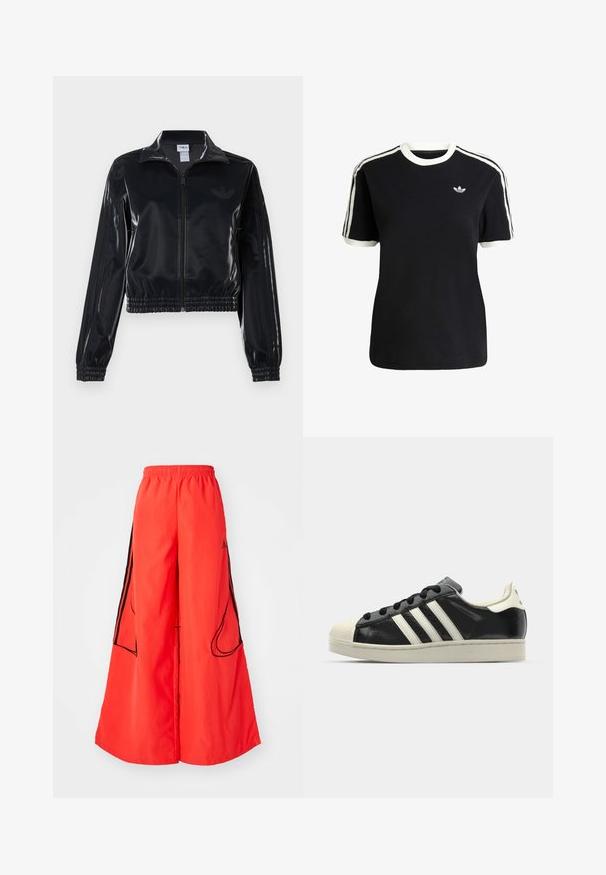 Svart, blänkande zip-up träningsjacka med elastiska ärmslut och nederkant, med diskret tre-rands detalj på ärmarna och en tonad logotyp på bröstet.; Svart bomull t-shirt med vita detaljer på kragen och ärmarna, med tre vita ränder på varje axel och en liten logotyp på bröstet.; Röda vida byxor har resårmidja, kontrasterande svarta sidestreck och två externa fickor med böjda öppningar.; Svart lädersneaker med vita ränder, gummitåhätta, svarta snören och en krämfärgad sula. Slät textur med blank yta.