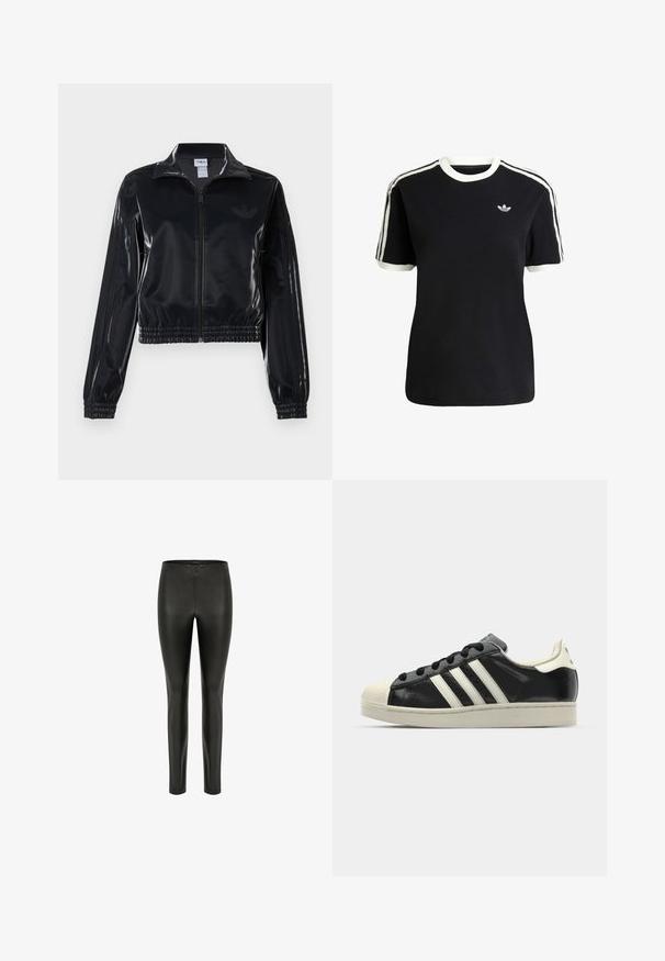 Crna sjajna sportska jakna sa zatvaračem, elastičnim manžetama i donjim rubom, s diskretnim trostrukim detaljima na rukavima i toniranim logotipom na prsima.; Crna pamučna majica s bijelim detaljima na ovratniku i rukavima, s tri bijele pruge na svakom ramenu i malim logotipom na prsima.; PEPPERCORN LINETTE - Tajice-hlače - black; Crni kožni tenisice s bijelim prugama, gumeni zaštitni vrh, crne vezice i bijela potplata boje krem. Glatka tekstura s sjajnim završetkom.