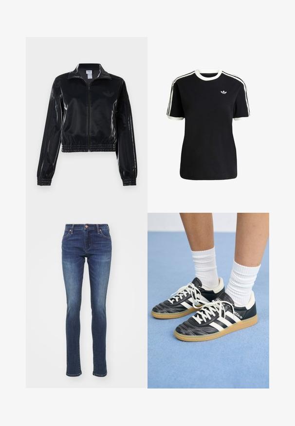 Crna sjajna sportska jakna sa zatvaračem, elastičnim manžetama i donjim rubom, s diskretnim trostrukim detaljima na rukavima i toniranim logotipom na prsima.; Crna pamučna majica s bijelim detaljima na ovratniku i rukavima, s tri bijele pruge na svakom ramenu i malim logotipom na prsima.; Tamno plave traperice s ravnim nogavicama, dizajnom s pet džepova, bakrenim zakovicama i laganim izbljeđivanjem na bedrima i koljenima.; Crne kožne atletike s bijelim trakama, okruglim prstima, bijelim vezicama i gumeni potplat. Naglašene jastučićem oko gležnja i detaljima s brandingom.