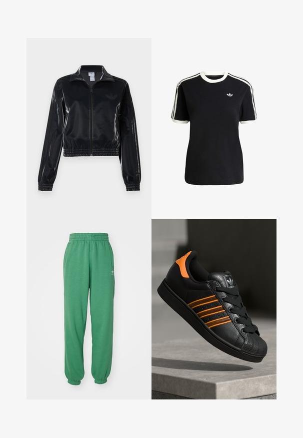 Čierna lesklá zipsová športová bunda s elastickými manžetami a spodným lemom, ktorá má jemné trojpruhové detaily na rukávoch a tonálny logotyp na hrudi.; Čierne bavlnené tričko s bielymi akcentmi na golieri a rukávoch, s tromi bielymi pruhmi na každom pleci a malým logom na hrudi.; adidas Originals JOGGERS - Tepláky - preloved green; Čierne tenisky s oranžovými akcentami, tromi horizontálnymi pruhmi, textúrovaným koženým zvrškom, gumovým ochranným vankúšikom na prstoch a čiernymi šnúrkami.