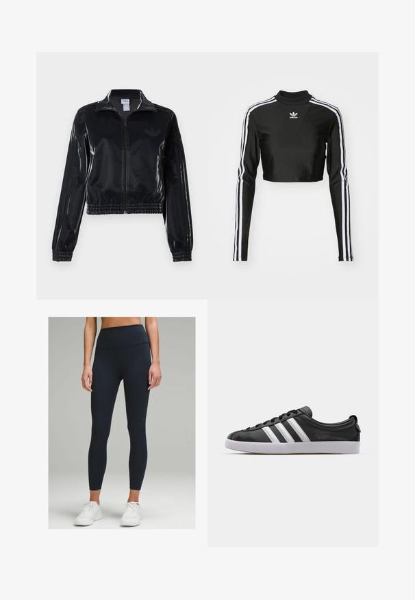 Čierna lesklá zipsová športová bunda s elastickými manžetami a spodným lemom, ktorá má jemné trojpruhové detaily na rukávoch a tonálny logotyp na hrudi.; Čierny skrátený top s dlhým rukávom vyrobený z hladkej tkaniny, ktorý má biele trojprúžkové detaily pozdĺž rukávov a vysoký výstrih.; Vysoké a priliehavé legíny tmavomodrej farby, vyrobené z elastického materiálu. Majú hladký povrch a žiadne viditeľné vzory ani akcenty.; Čierne kožené tenisky s bielym trojpruhovým dizajnom, zaoblenou špičkou, plochou bielou gumovou podrážkou a značkovým detailom na boku.