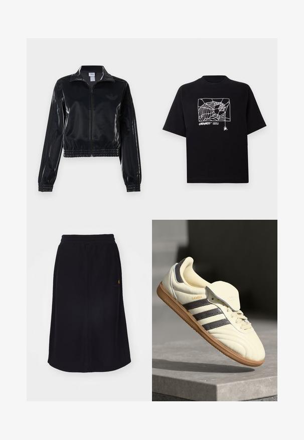 Schwarze, glänzende Trackjacke mit Reißverschluss und elastischen Bündchen und Saum, die dezente Drei-Streifen-Details an den Ärmeln und ein tonales Logo auf der Brust aufweist.; Schwarzes T-Shirt aus Baumwolle mit kurzen Ärmeln. Mit einem weißen Spinnennetz-Graphic und Logo auf der Vorderseite. Einfacher runder Ausschnitt.; Schwarzer Midi-Rock aus weichem Material, mit elastischem Bund und geradem Schnitt. Enthält dezentes Logo-Detail in kontrastierender Farbe.; Cremfarbene Ledersneaker mit drei dunklen Streifen, einer braunen Gummisohle und einer abgerundeten Zehenpartie. Hat eine faltbare Zunge, die mit "SAMBA" beschriftet ist.