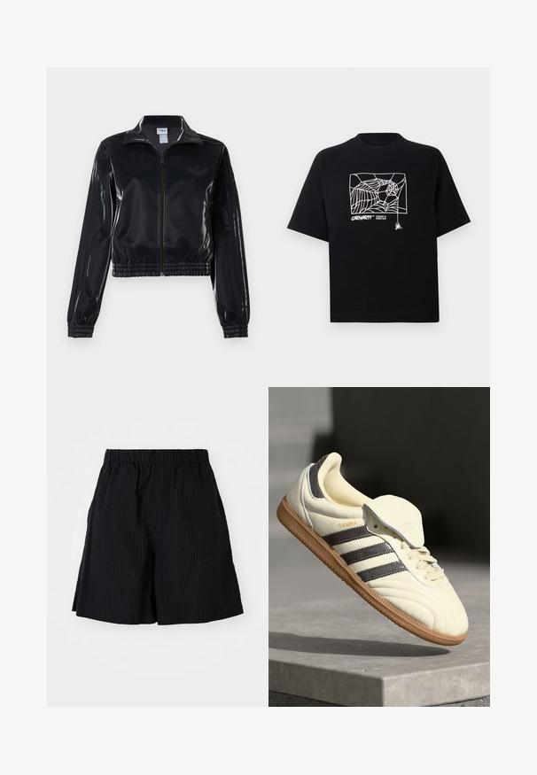 Fekete, fényes, cipzáras sportdzseki elasztikus mandzsettával és aljjal, a mára árnyalatú háromcsíkozás a ujjakon és egy tónusbeli logó a mellkason.; Fekete pamut póló rövid ujjakkal. Elülső részén fehér pókhálós grafika és logó található. Egyszerű, kerek nyakú.; Fekete rövidnadrág, textúrált anyagból, bordázott mintával. Rugalmas derékrésszel és laza szabással rendelkezik. Kicsit a térd felett ér véget.; Krém bőr sportcipő három sötét csíkkal, barna gumitalppal és lekerekített orral. Jellemzője a hajtogatható nyelv, amelyen "SAMBA" felirat található.