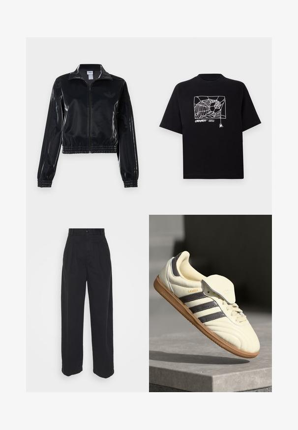 Must tume läikiv tõmblukuga spordijakk elastsete ääriste ja hemiga, millel on varrukatel peened kolmerealised detailid ja toon-on-tone logo rinnal.; Mustmust särgis, millel on lühikesed varrukad. Esipaneelil on valge ämblikuvõrgu graafika ja logo. Lihtne ümmargune kaelus.; Mustadest puuvillast laiade jalgadega püksid, millel on sile tekstuur, ees nööp sulgemisega ja kaks küljetaskut.; Kreem värvi nahast tennisetossid, millel on kolm tumedat triipu, pruun kummi tald ja ümardatud varvas. Omab volditavat keelt, millel on sildil "SAMBA."