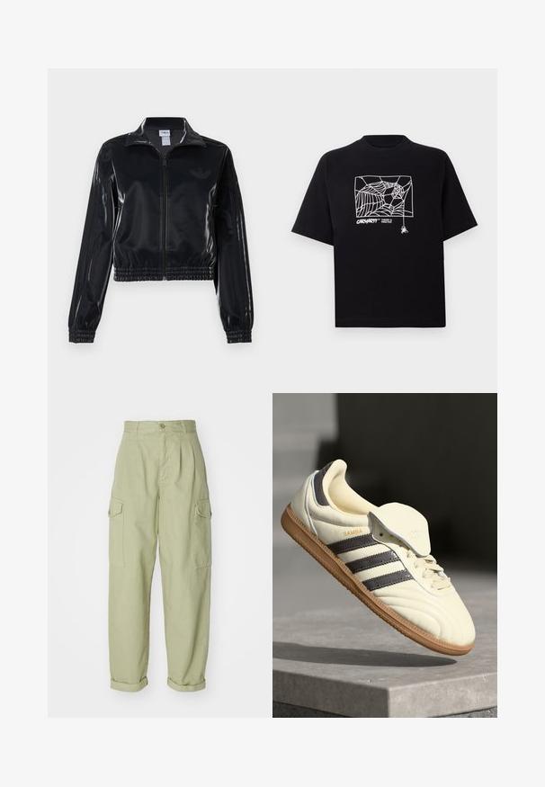 Fekete, fényes, cipzáras sportdzseki elasztikus mandzsettával és aljjal, a mára árnyalatú háromcsíkozás a ujjakon és egy tónusbeli logó a mellkason.; Fekete pamut póló rövid ujjakkal. Elülső részén fehér pókhálós grafika és logó található. Egyszerű, kerek nyakú.; Világos zöld, pamutból készült cargo nadrág. Magas derékkal, feltekert szárakkal és két oldalsó cargo zsebből áll, hogy fokozza a gyakorlatiasságot.; Krém bőr sportcipő három sötét csíkkal, barna gumitalppal és lekerekített orral. Jellemzője a hajtogatható nyelv, amelyen "SAMBA" felirat található.