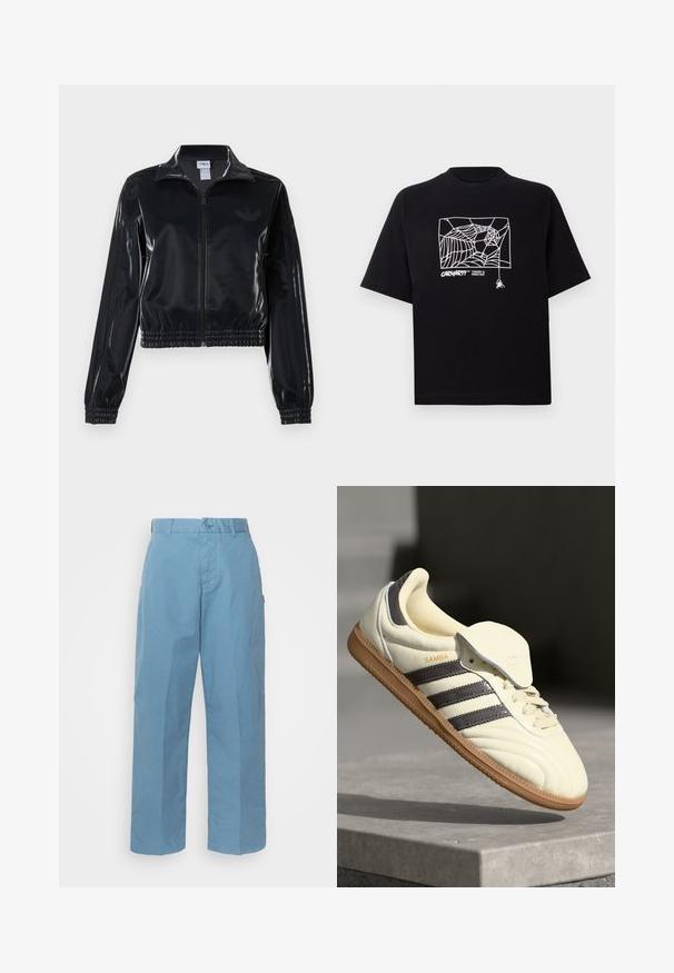 Zwarte glanzende zip-up trainingsjack met elastische mouwen en zoom, met subtiele drie-strepen details op de mouwen en een tonale logo op de borst.; Zwarte T-shirt van katoen met korte mouwen. Voorzien van een witte spinnenwebgrafiek en logo op de voorkant. Eenvoudige ronde halslijn.; Lichtblauwe katoenen broek met een recht gesneden ontwerp, voorzien van een knoopsluiting, riemlussen en een subtiele textuur.; Crème leren sneaker met drie donkere strepen, een bruine gumrubberen zool en een ronde neus. Voorzien van een opvouwbare tong met het label "SAMBA."