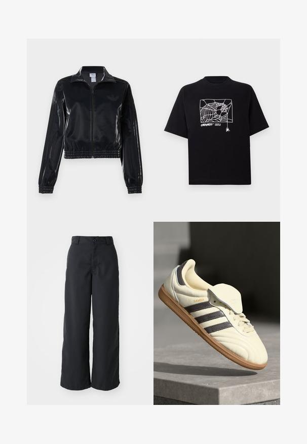 Melna spīdīga zip-up sporta jaka ar elastīgām piedurknēm un apakšmalu, ar smalku trīsrindu detaļu uz piedurknēm un tonālu logotipu uz krūšu daļas.; Melnā kokvilnas T-kreklā ir īsas piedurknes. Uz priekša ir balti zirnekļa tīkla grafika un logo. Vienkārša noapaļota izgriezne.; Melni platleņķa bikses, izgatavotas no gludas auduma, ar pogu aizdari un sānu kabatām, ar tīra griezuma dizainu un pielāgotu siluetu.; Krēmkrāsas ādas tenisbikses ar trim tumšiem svītrām, brūnu gumijas zoli un noapaļotu purngalu. Iezīme ir locījamā mēle ar uzrakstu "SAMBA".