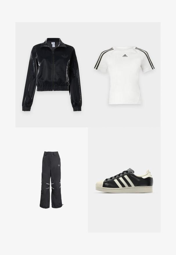 Veste de survêtement noire brillante à fermeture éclair, avec des poignets et un ourlet élastiques, arborant de subtils détails à trois rayures sur les manches et un logo ton sur ton sur le torse.; T-shirt de sport blanc à manches courtes avec un design à trois rayures noires sur les épaules, texture lisse et un petit logo adidas noir sur la poitrine.; Pantalons larges noirs avec des détails réfléchissants aux genoux, taille haute avec passants de ceinture, et un logo circulaire sur la cuisse supérieure droite.; Baskets en cuir noir avec des rayures blanches, embout en caoutchouc, lacets noirs et semelle extérieure crème. Texture lisse avec une finition brillante.