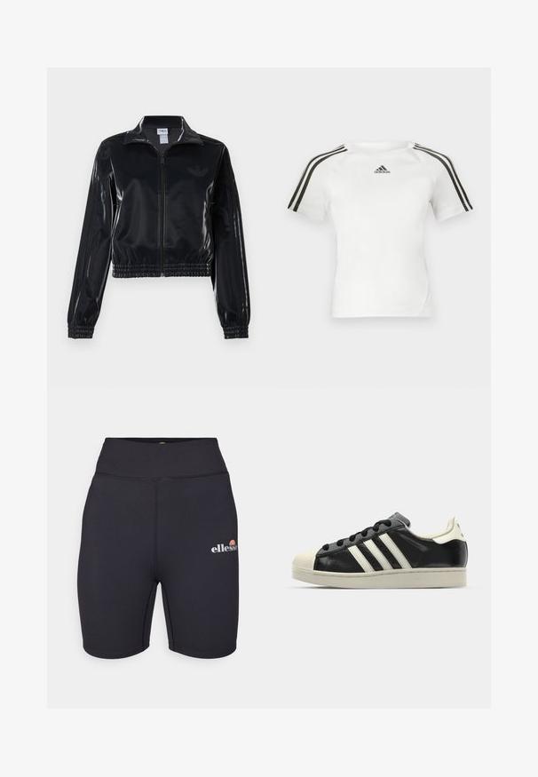 Fekete, fényes, cipzáras sportdzseki elasztikus mandzsettával és aljjal, a mára árnyalatú háromcsíkozás a ujjakon és egy tónusbeli logó a mellkason.; Fehér, rövid ujjú sportpóló, fekete háromsávos dizájnnal a vállakon, sima tapsztat, és egy kis fekete adidas logóval a mellkason.; Fekete, magas derekú sportnadrág sima textúrával, elasztikus derékpánttal és egy kis színes "ellesse" logóval a combon.; Fekete bőrsneaker fehér csíkokkal, gumírozott orral, fekete fűzővel és krém színű talppal. Simaság és fényes felület jellemzi.
