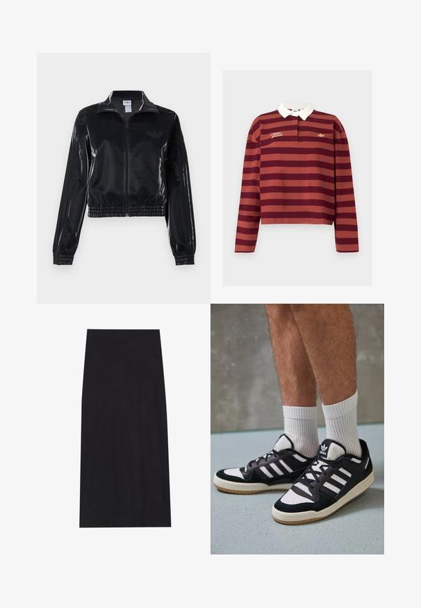 Juodas blizgus zip-up sportinis švarkas su elastinėmis rankovėmis ir apatine dalimi, su subtiliais trimis juostomis ant rankovių ir toniniu logotipu krūtinėje.; Bordo ir rūdžių dryžuota ilgomis rankovėmis polo marškinėliai su blyškiai balta apykakle, papuošti auksinėmis siuvinėtomis prekės ženklo detalėmis ir mažuoju logotipu krūtinėje.; Juodas midi sijonas, pagamintas iš minkštos, tamprios medžiagos. Turi tiesią siluetą ir elastinį liemenį, užtikrinantį patogų prigludimą.; Juodos ir baltos sportinės bateliai su zomšiniu ir odiniu viršumi, su trimis baltomis juostelėmis, perforuota koja ir guminėmis padais.