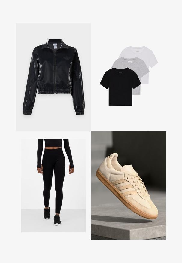 Črna sijajna zip-up trenirka z elastičnimi manšetami in robom, z diskretnimi tridelnimi detajli na rokavih in toniranim logotipom na prsih.; Komplet treh majic s kratkimi rokavi v črni, sivi in beli barvi. Izdelane iz bombaža, z okroglim izrezom in preprostim, enobarvnim dizajnom.; Črne legice z visokim pasom, teksturirana tkanina in oprijet kroj, v kombinaciji s črnimi športnimi čevlji. Zgornji del je delno prekrit s kratkim topom.; Svetlo bež semišni športni copat z gumijastim podplatom, trije poševni trakovi in teksturiran zaščitni del. Vsebuje logotip na ježku in strani.