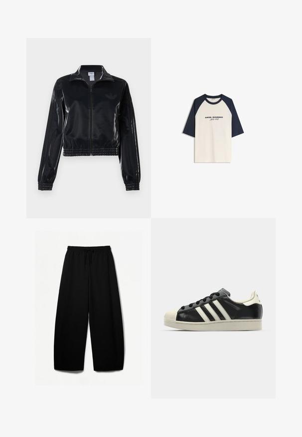 Zwarte glanzende zip-up trainingsjack met elastische mouwen en zoom, met subtiele drie-strepen details op de mouwen en een tonale logo op de borst.; Raglan mouw t-shirt in crème met donkerblauwe mouwen, met "ENGELENNUMMERS 912-412" gedrukt op de voorkant in het zwart. Katoenmengsel.; Zwarte broek met wijde pijpen, voorzien van een elastische tailleband en een trekkoord. Zachte stof met een gladde textuur. Rechte snit met zijnaad.; Zwarte leren sneaker met witte strepen, rubberen teenbescherming, zwarte veters en een crèmekleurige loopzool. Glad oppervlak met een glanzende afwerking.