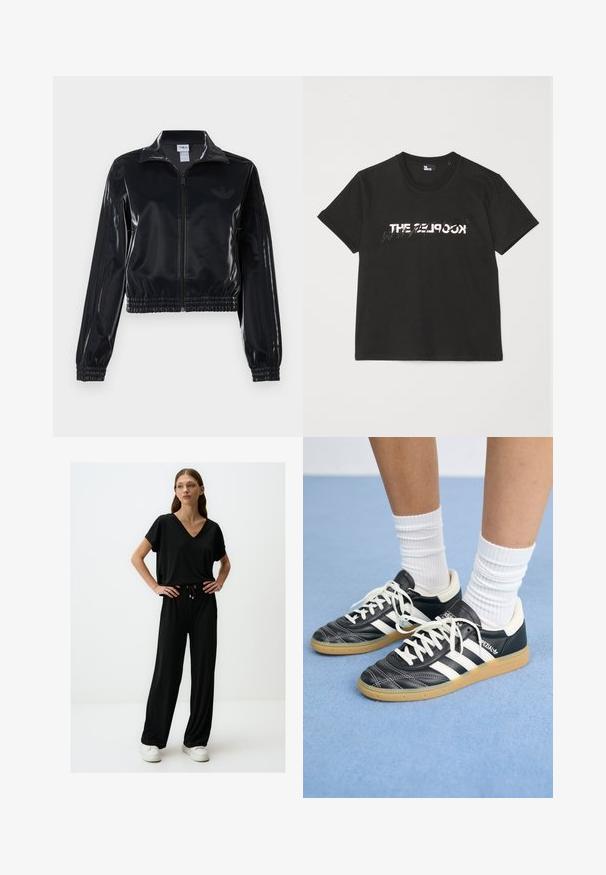Schwarze, glänzende Trackjacke mit Reißverschluss und elastischen Bündchen und Saum, die dezente Drei-Streifen-Details an den Ärmeln und ein tonales Logo auf der Brust aufweist.; Schwarzes Baumwoll-T-Shirt mit kurzen Ärmeln, das ein gedrucktes weißes und graues "THE 2LOOK"-Design auf der Vorderseite zeigt. Klassischer Rundhalsausschnitt.; Schwarz Zweiteiler-Outfit bestehend aus einem kurzärmeligen V-Ausschnitt-Oberteil und weiteren Hosen mit elastischem Bund und Kordelzugdetail. Weicher Stoff.; Schwarze Ledersneaker mit weißen Streifen, runder Zehenpartie, weißen Schnürsenkeln und Gummisohle. Abgerundet durch gepolsterten Kragen und Branding-Details.