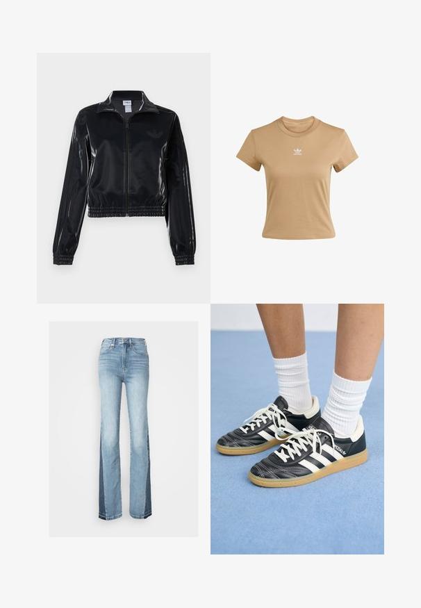 Crna sjajna sportska jakna sa zatvaračem, elastičnim manžetama i donjim rubom, s diskretnim trostrukim detaljima na rukavima i toniranim logotipom na prsima.; Bež pamučna majica s uskim krojem, okruglim izrezom i kratkim rukavima. Ima bijeli Adidas logo otisnut na gornjem dijelu prsnog koša.; Svijetloplave traperice s ispravnim nogavicama, koje imaju razdvojeni dizajn s tamnije plavim bočnim panelom. Izrađene od denima, s pet džepova i zatvaranjem na patentni zatvarač.; Crne kožne atletike s bijelim trakama, okruglim prstima, bijelim vezicama i gumeni potplat. Naglašene jastučićem oko gležnja i detaljima s brandingom.