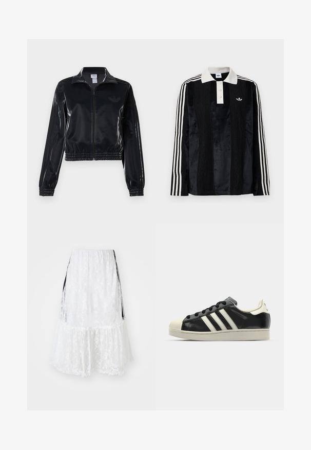 Fekete, fényes, cipzáras sportdzseki elasztikus mandzsettával és aljjal, a mára árnyalatú háromcsíkozás a ujjakon és egy tónusbeli logó a mellkason.; Fekete bársony hosszúujjú pólóing fehér bordás gallérral, három gombbal, texturált elülső résszel és három fehér csíkkal minden ujjon.; Fehér csipke szoknya réteges kialakítással, hullámos szegéllyel és fekete oldalsó díszítéssel. Texturált anyag virágmintával.; Fekete bőrsneaker fehér csíkokkal, gumírozott orral, fekete fűzővel és krém színű talppal. Simaság és fényes felület jellemzi.