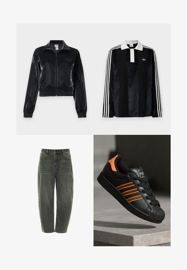 Chaqueta de chándal negra y brillante con cremallera, puños y dobladillo elásticos, que presenta un sutil detalle de tres rayas en las mangas y un logotipo tono sobre tono en el pecho.; Camisa polo de manga larga de terciopelo negro con un collar acanalado blanco, tres botones, frente texturizado y tres rayas blancas en cada manga.; Jeans de mezclilla gris oscuro con un ajuste holgado, que cuentan con cinco bolsillos, cierre de botón y un ligero desgastado en la parte delantera y trasera.; Zapatilla negra con acentos naranjas, tres franjas horizontales, parte superior de cuero texturizado, punta de goma y cordones negros.