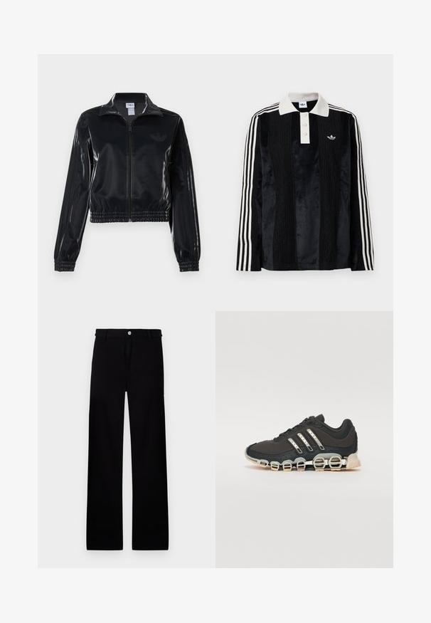 Chaqueta de chándal negra y brillante con cremallera, puños y dobladillo elásticos, que presenta un sutil detalle de tres rayas en las mangas y un logotipo tono sobre tono en el pecho.; Camisa polo de manga larga de terciopelo negro con un collar acanalado blanco, tres botones, frente texturizado y tres rayas blancas en cada manga.; Pantalones de algodón negros con un diseño de pierna recta, que cuentan con un cierre de botón en la parte delantera y sin patrones o acentos visibles.; Zapatilla deportiva negra con parte superior texturizada, tres rayas plateadas y una suela de amortiguación distintiva que presenta múltiples secciones integradas.