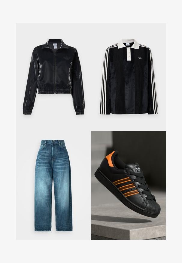 Juodas blizgus zip-up sportinis švarkas su elastinėmis rankovėmis ir apatine dalimi, su subtiliais trimis juostomis ant rankovių ir toniniu logotipu krūtinėje.; Juodas aksominis polo marškinėliai ilgomis rankovėmis su baltu raištiniu apykakle, trimis mygtukais, tekstūruotu priekiu ir trimis baltais dryžiais ant kiekvienos rankovės.; Aukštos juosmens platūs džinsai vidutinio mėlynumo denimo, su išblukusiu skalbimu, tradiciniu kišenių dizainu ir sagos uždarymu priekyje.; Juodas sportinis batelis su oranžiniais akcentais, trimis horizontaliomis juostelėmis, tekstūruota odinė viršutinė dalis, guminiu nosių dangteliu ir juodomis raišteliais.