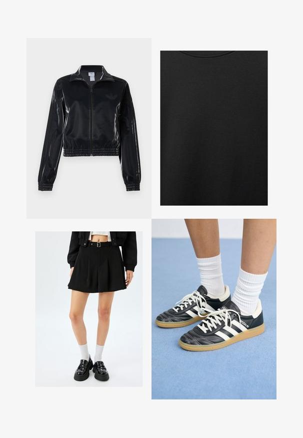 Schwarze, glänzende Trackjacke mit Reißverschluss und elastischen Bündchen und Saum, die dezente Drei-Streifen-Details an den Ärmeln und ein tonales Logo auf der Brust aufweist.; Schwarzer Baumwollstoff mit glatter Textur und Rundhalsausschnitt, der ein dezentes, gleichmäßiges Strukturmuster aufweist. Keine sichtbaren Logos oder Akzente.; Schwarzer, plissierter Minirock mit einem Gürtel, aus glattem Stoff. Getragen mit Lacklederloafers und weißen Kniestrümpfen.; Schwarze Ledersneaker mit weißen Streifen, runder Zehenpartie, weißen Schnürsenkeln und Gummisohle. Abgerundet durch gepolsterten Kragen und Branding-Details.