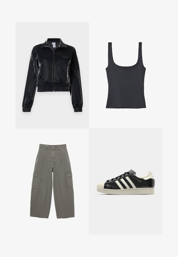 Črna sijajna zip-up trenirka z elastičnimi manšetami in robom, z diskretnimi tridelnimi detajli na rokavih in toniranim logotipom na prsih.; Črn top z naramnicami, izdelan iz mehkega bombažnega mešanice, z ovratnikom v obliki kroga in širokimi naramnicami, prilegajoče se zasnove brez vidnih vzorcev.; Kargo hlače iz olivno zelenega blaga, s širokimi nogavicami, sprednjimi žepi in dvema stranskima žepoma za kargo s poklopcema. Teksturiran bombažni material.; Črne usnjene superge z belimi črtami, gumijastim pokrovom za prste, črnimi vezalkami in kremasto obrobo podplata. Gladka tekstura z sijočim zaključkom.