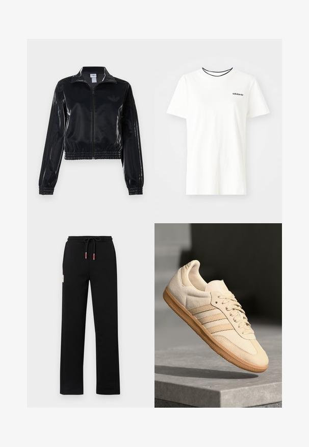 Zwarte glanzende zip-up trainingsjack met elastische mouwen en zoom, met subtiele drie-strepen details op de mouwen en een tonale logo op de borst.; Witte katoenen t-shirt met korte mouwen en een ronde halslijn. Heeft een zwart Adidas-logo op de borst en een contrasterende zwarte binnenkraag.; Zwarte sweats met een verstelbare tailleband, voorzien van rode en witte accenten, zijzakken en een klein label op de voorkant. Glad textuur.; Lichtbeige suède sneaker met een gumrubberen buitenzool, drie diagonale strepen en een textuur op de neus. Voorzien van een logo op de tong en de zijkant.