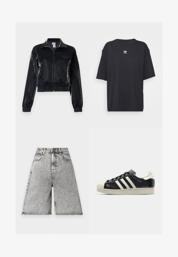 Juodas blizgus zip-up sportinis švarkas su elastinėmis rankovėmis ir apatine dalimi, su subtiliais trimis juostomis ant rankovių ir toniniu logotipu krūtinėje.; Juodas medvilnės marškinėliai trumpomis rankovėmis, apvaliu iškirpimu, su baltu Adidas logo ant krūtinės. Paprastas dizainas, laisvas kirpimas.; Džinsiniai šortai juodos ir pilkos rūgštinio plovimo raštu, turintys aukštą juosmenį, diržo kilpas ir penkis kišenes. Kraštai apdoroti.; Juodi odiniai sportiniai bateliai su baltais dryžiais, guminis toe kapas, juodi raišteliai ir kreminis padas. Lygus pavirčius su blizgiu finišu.