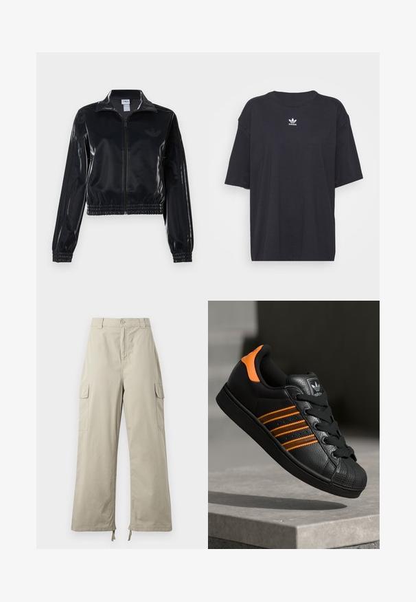 Čierna lesklá zipsová športová bunda s elastickými manžetami a spodným lemom, ktorá má jemné trojpruhové detaily na rukávoch a tonálny logotyp na hrudi.; Čierne bavlnené tričko s krátkymi rukávmi, okrúhlym výstrihom, na hrudi s bielym logom Adidas. Jednoduchý dizajn, voľný strih.; Svetlo béžové cargo nohavice s voľným strihom, vybavené gombíkovým zapínaním, bočnými vreckami a nastaviteľným lemom so šnúrkami. Hladká textúra látky.; Čierne tenisky s oranžovými akcentami, tromi horizontálnymi pruhmi, textúrovaným koženým zvrškom, gumovým ochranným vankúšikom na prstoch a čiernymi šnúrkami.