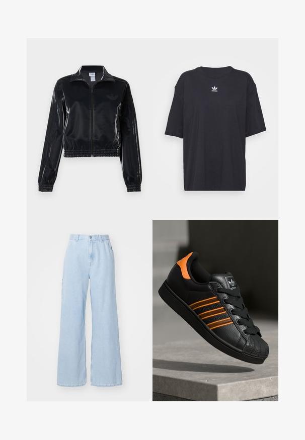 Melna spīdīga zip-up sporta jaka ar elastīgām piedurknēm un apakšmalu, ar smalku trīsrindu detaļu uz piedurknēm un tonālu logotipu uz krūšu daļas.; Melna kokvilnas t-kreklā ar īsām piedurknēm un apaļu kakla izgriezumu, uz krūtīm ir balta Adidas logo. Vienkāršs dizains, brīvs piegriezums.; Gai zilas platā kāju džinsa bikses, ar priekšējiem kabatām, jostu cilpiņām un pogu aizdari. Līdzens audums un glīts apdare.; Melnas kedas ar oranžiem akcentiem, trīs horizontālas svītras, teksturēts ādas augšdaļa, gumijas purngala daļa un melnas auklas.