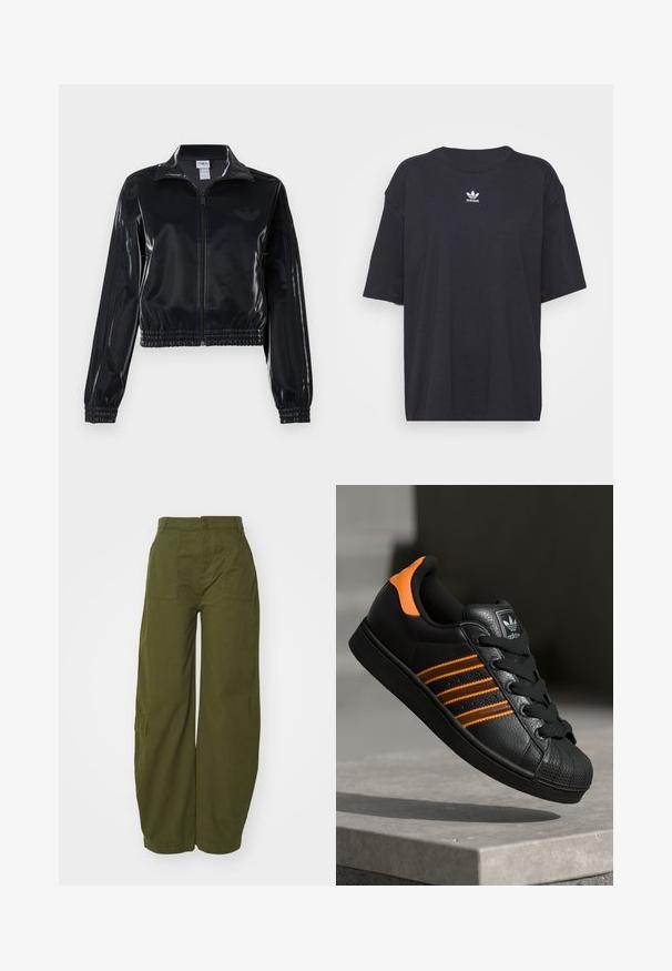 Zwarte glanzende zip-up trainingsjack met elastische mouwen en zoom, met subtiele drie-strepen details op de mouwen en een tonale logo op de borst.; Zwarte katoenen T-shirt met korte mouwen, ronde halslijn, voorzien van een wit Adidas-logo op de borst. Eenvoudig ontwerp, comfortabele pasvorm.; Olijfgroene cargobroek van katoen, met een wijde pasvorm, voorzakken en een knoopsluiting in de taille.; Zwarte sneaker met oranje accenten, drie horizontale strepen, bovenwerk van textuurlak, rubberen neuzen en zwarte veters.
