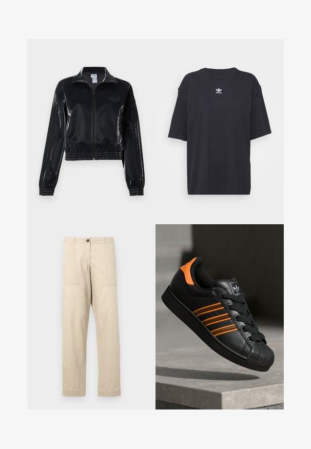 Črna sijajna zip-up trenirka z elastičnimi manšetami in robom, z diskretnimi tridelnimi detajli na rokavih in toniranim logotipom na prsih.; Črna bombažna majica s kratkimi rokavi in okroglo ovratnikom, ki na prsih prikazuje bele Adidasove logotip. Enostaven dizajn, sproščen kroj.; Bežna bombažna hlače s ravnim krojem, ki imajo sprednje žepke, gumbasto zapiranje in obrezane robove. Gladka tekstura in minimalističen dizajn.; Črne športne copate z oranžnimi akcenti, tremi vodoravnimi črtami, zgornjim delom iz teksturirane usnjene tkanine, gumijastim zaščitnim pokrovom za prste in črnimi vezalkami.
