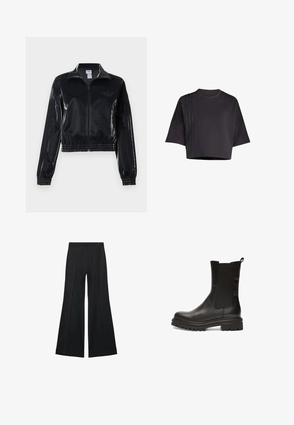 Crna sjajna sportska jakna sa zatvaračem, elastičnim manžetama i donjim rubom, s diskretnim trostrukim detaljima na rukavima i toniranim logotipom na prsima.; Crna skraćena majica s okruglim izrezom, labavim kratkim rukavima, s vertikalnim satenastim prugama na lijevoj strani. Glatka tekstura.; Crne široke hlače s glatkom teksturom, koje imaju prednje nabore i kroj po mjeri. Tkanina je lagana i lepršava.; Crne kožne gležnjače s elastičnim bočnim panelima, zaobljenim vrhom i debelim, strukturiranim gumenim đonom s dubokim utorima za prianjanje.