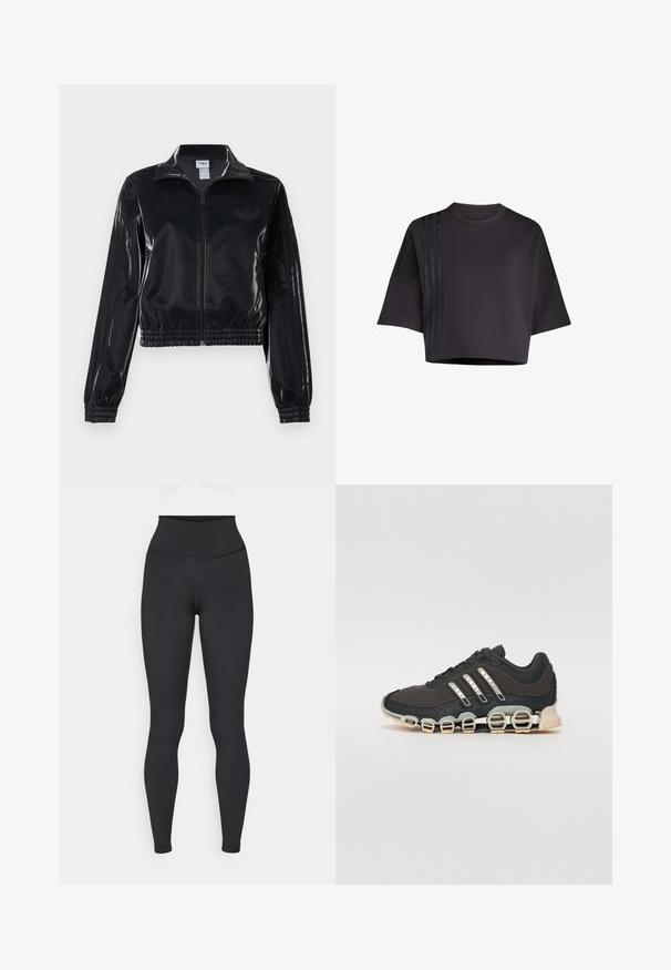 Czarna, błyszcząca kurtka sportowa na zamek błyskawiczny z elastycznymi mankietami i dołem, z subtelnym detalem w postaci trzech pasków na rękawach oraz stonowanym logo na klatce piersiowej.; Czarny, krótki t-shirt z okrągłym dekoltem, luźnymi krótkimi rękawami, z pionowymi satynowymi paskami po lewej stronie. Gładka tekstura.; Czarne legginsy z wysokim stanem, wykonane z elastycznego materiału, charakteryzujące się gładką fakturą i dopasowanym krojem, bez widocznych logo czy wzorów.; Czarne sportowe buty z teksturowaną cholewką, trzema srebrnymi paskami i charakterystyczną podeszwą z amortyzacją, składającą się z wielu zintegrowanych sekcji.