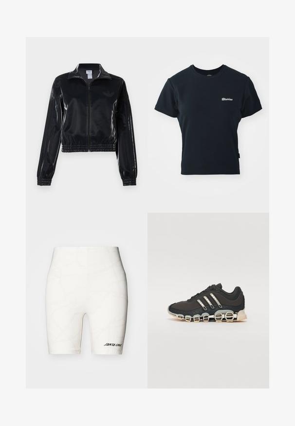 Μαύρο γυαλιστερό ζακέτα με φερμουάρ και ελαστικούς καρπούς και στρίφωμα, με διακριτικές τρεις λωρίδες στα μανίκια και λογότυπο σε τονική απόχρωση στο στήθος.; Μαύρο βαμβακερό μπλουζάκι με κοντά μανίκια, στρογγυλή λαιμόκοψη και μικρό λευκό κεντητό λογότυπο στο στήθος. Κλασικός, εφαρμοστός σχεδιασμός.; Λευκά σορτς ποδηλασίας με διακριτό σχέδιο με αγκαθωτό συρματισμό, ελαστική μέση και μαύρο λογότυπο "SANTA CRUZ" στο κάτω αριστερό μέρος.; Μαύρο αθλητικό παπούτσι με υφή στην επάνω πλευρά, τρεις ασημένιες ρίγες και μια ξεχωριστή σόλα με απορρόφηση κραδασμών που διαθέτει πολλαπλές ενσωματωμένες τμήματα.