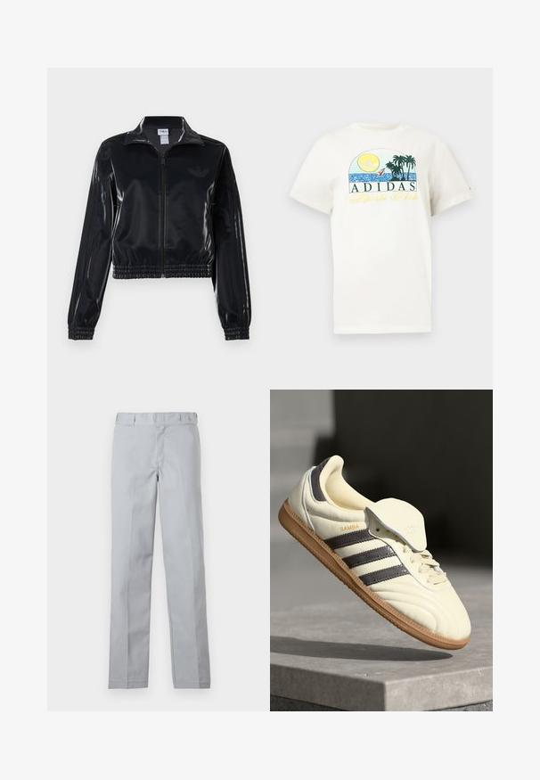 Zwarte glanzende zip-up trainingsjack met elastische mouwen en zoom, met subtiele drie-strepen details op de mouwen en een tonale logo op de borst.; Witte katoenen t-shirt met een grafisch ontwerp van een zon, palmbomen en water. "ADIDAS Sports Club" gedrukt in groen en geel.; Lichtgrijze broek met een recht model, gemaakt van gladde stof. Voorzien van een tailleband en voorkreukels voor een geklede uitstraling.; Crème leren sneaker met drie donkere strepen, een bruine gumrubberen zool en een ronde neus. Voorzien van een opvouwbare tong met het label "SAMBA."