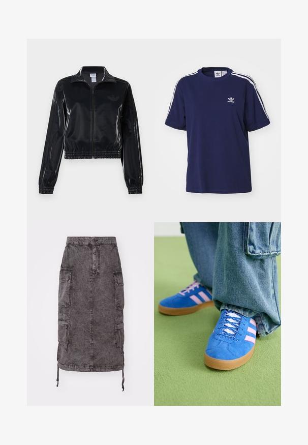 Černá lesklá sportovní bunda na zip s elastickými manžetami a lemem, s jemným trojpruhovým detailem na rukávech a tónovým logem na hrudi.; adidas Originals 3 STRIPE - Triko s potiskem - dark blue; Džínová sukně cargo ve vybledlé černé barvě, ke kolenům, s dvěma bočními kapsami, zapínáním na knoflík a nastavitelnými šňůrkami na lemu. Strukturovaný povrch.; Modré semišové boty s růžovými pruhy a bílými tkaničkami, vybavené gumovou podrážkou, spárované s volnými džínovými kalhotami na zeleném povrchu.