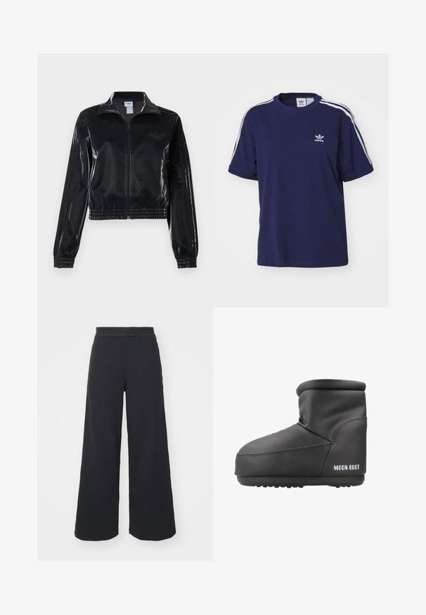 Crna sjajna sportska jakna sa zatvaračem, elastičnim manžetama i donjim rubom, s diskretnim trostrukim detaljima na rukavima i toniranim logotipom na prsima.; adidas Originals 3 STRIPE - Majica kratkih rukava s printom - dark blue; Crne široke sweatpants hlače napravljene od mekog materijala, s elastičnim strukom i malim logotipom s lijeve strane.; Moon Boot ICON LOW NO - Zimske čizme - black