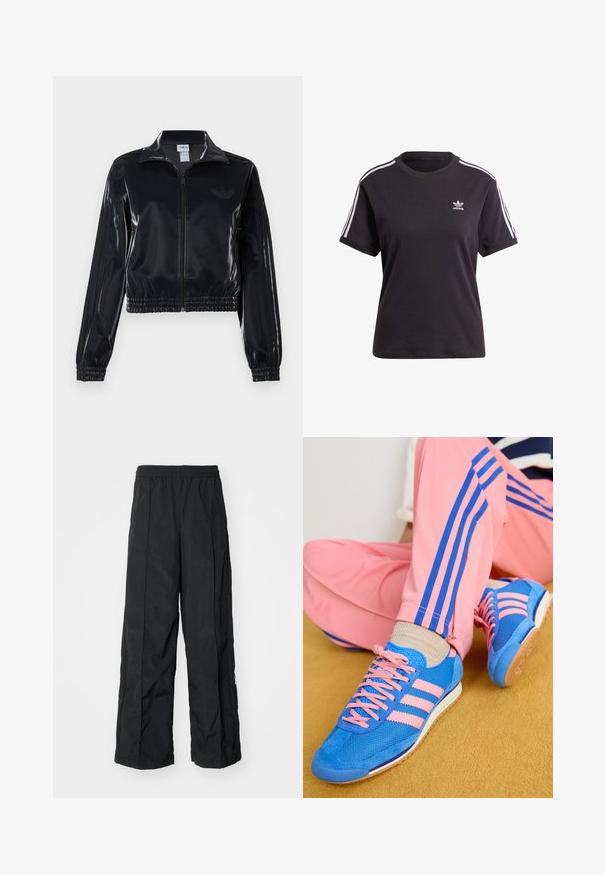Μαύρο γυαλιστερό ζακέτα με φερμουάρ και ελαστικούς καρπούς και στρίφωμα, με διακριτικές τρεις λωρίδες στα μανίκια και λογότυπο σε τονική απόχρωση στο στήθος.; Μαύρο κοντομάνικο μπλουζάκι από βαμβάκι με στρογγυλή λαιμόκοψη, διαθέτοντας λευκές ρίγες στους ώμους και ένα μικρό λευκό λογότυπο Adidas στο στήθος.; Μαύρο παντελόνι με φαρδιά πόδια και ελαστική μέση, με λεία υφή και λεπτομέρειες στις πλευρές για προσθήκη σχεδίου.; Μπλε διχτυωτές και σουέτ αθλητικές παπούτσια με ροζ κορδόνια και τρεις ροζ ρίγες. Φορεμένα με ροζ παντελόνια προπόνησης που έχουν μπλε ρίγες. Ορατή καουτσούκ σόλα.