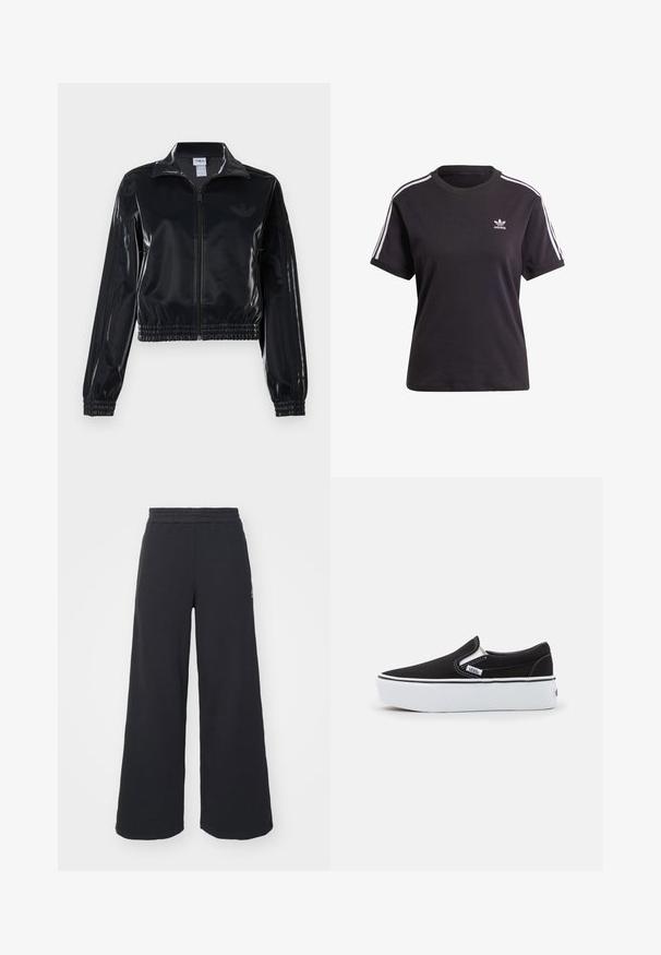 Giacca a piedi nera lucida con zip, dotata di polsini e orlo elastici, con discreti dettagli a tre strisce sulle maniche e un logo tonale sul petto.; T-shirt corta nera in cotone a maniche corte con collo rotondo, caratterizzata da strisce bianche sulle spalle e un piccolo logo Adidas bianco sul petto.; Pantaloni felpati neri a gamba larga realizzati in tessuto morbido, con un elastico in vita e un piccolo logo sul lato sinistro.; Scarpa slip-on nera in tela con suola in gomma bianca, dotata di accenti laterali elastici e cuciture a contrasto. Logo del brand visibile di lato.