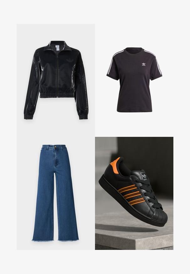 Črna sijajna zip-up trenirka z elastičnimi manšetami in robom, z diskretnimi tridelnimi detajli na rokavih in toniranim logotipom na prsih.; Črna bombažna kratkotrajna majica s kratkimi rokavi in okroglim izrezom, ki ima bele črte na ramenih in majhno belo Adidasovo logo na prsih.; Billabong FREE FALL - Kavbojke na trapez - brew; Črne športne copate z oranžnimi akcenti, tremi vodoravnimi črtami, zgornjim delom iz teksturirane usnjene tkanine, gumijastim zaščitnim pokrovom za prste in črnimi vezalkami.