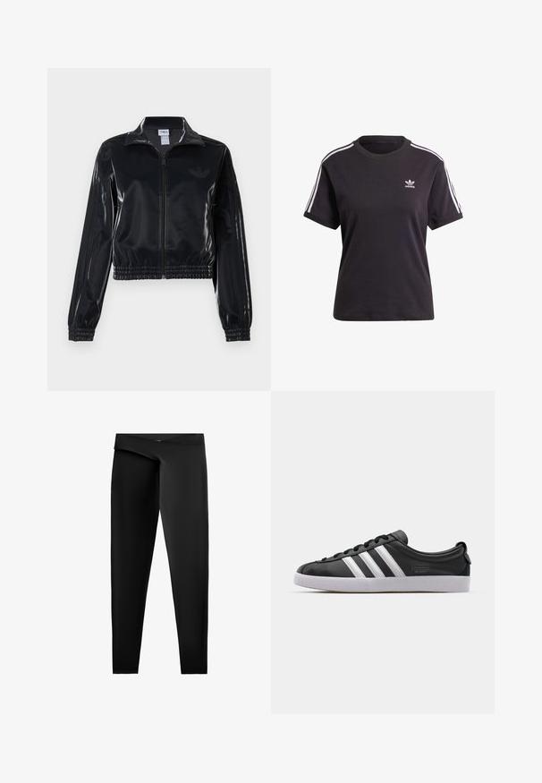 Czarna, błyszcząca kurtka sportowa na zamek błyskawiczny z elastycznymi mankietami i dołem, z subtelnym detalem w postaci trzech pasków na rękawach oraz stonowanym logo na klatce piersiowej.; Czarny bawełniany t-shirt z krótkim rękawem i okrągłym dekoltem, z białymi paskami na ramionach oraz małym białym logo Adidasa na piersi.; Czarne legginsy wykonane z gładkiego, elastycznego materiału. Posiadają wysoki pas oraz dopasowany krój z prostymi nogawkami do kostek.; Czarny skórzany tenisówka z białym wzorem trzech pasków, okrągłym noskiem, płaską białą gumową podeszwą i detalem z logo po boku.