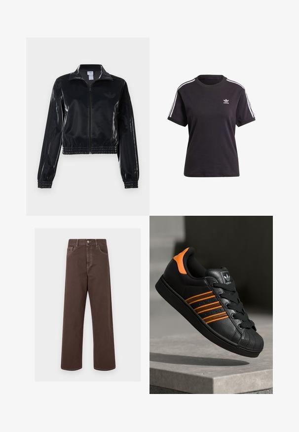 Zwarte glanzende zip-up trainingsjack met elastische mouwen en zoom, met subtiele drie-strepen details op de mouwen en een tonale logo op de borst.; Zwart katoenen t-shirt met korte mouwen en ronde hals, met witte strepen op de schouders en een klein wit Adidas-logo op de borst.; Bruine wijde denim broek met contrasterende stiknaden, vijf zakken en een metalen knoopsluiting. Soepele textuur, rechte snit.; Zwarte sneaker met oranje accenten, drie horizontale strepen, bovenwerk van textuurlak, rubberen neuzen en zwarte veters.