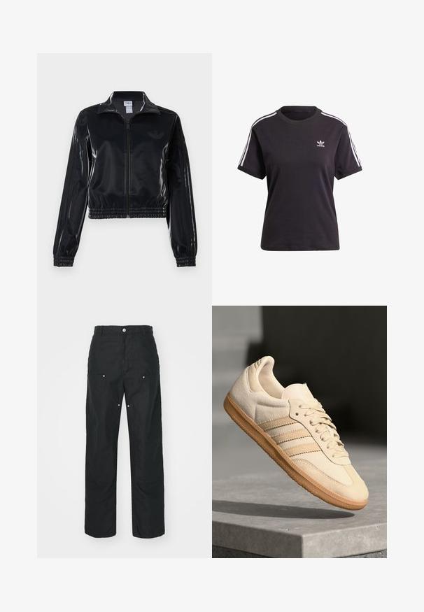 Melna spīdīga zip-up sporta jaka ar elastīgām piedurknēm un apakšmalu, ar smalku trīsrindu detaļu uz piedurknēm un tonālu logotipu uz krūšu daļas.; Melna kokvilnas t-krekls ar īsām piedurknēm un apaļu kakla izgriezumu, ar baltām svītrām uz pleciem un mazu baltu Adidas logo uz krūtīm.; Melnas bikses ar taisniem diegiem, izgatavotas no teksturēta auduma. Satur dekoratīvus sudraba aksesuārus un unikālas vīļu detaļas.; Gaišbeige zamšas sneakeris ar gumijas zoli, trim diagonālām svītrām un teksturētu purngali. Uz mēles un sānos ir redzams logotips.