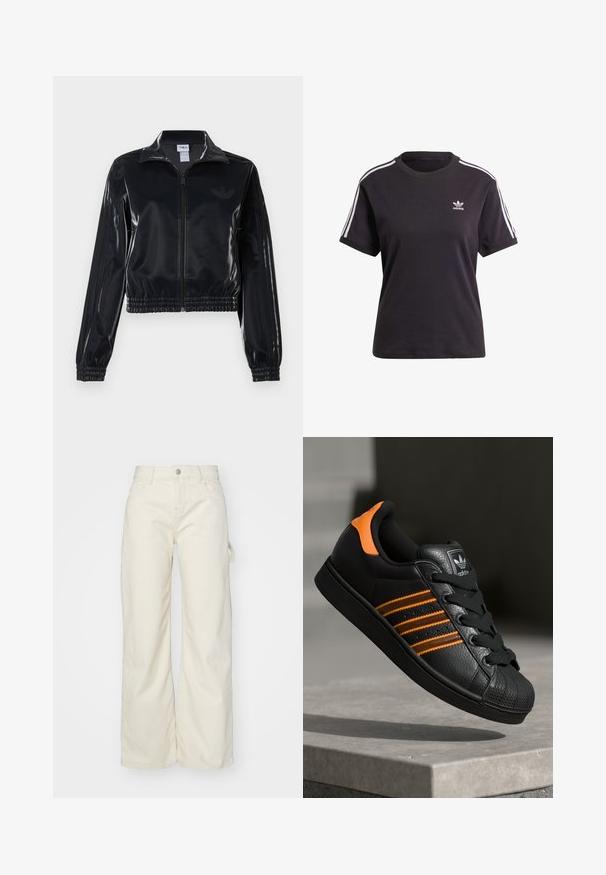 Musta kiiltävä vetoketjullinen urheilutakki, jossa on joustavat hihansuut ja helma, jossa on huomaamaton kolmitahoinen yksityiskohta hihoissa ja sävyttävä logo rinnassa.; Musta puuvillainen lyhythihainen t-paita pyöreällä kauluksella, jossa on valkoiset raidat olkapäillä ja pieni valkoinen Adidas-logo rinnassa.; Löysät lahkeet vaaleasta beigekankaasta, joissa on korkea vyötärö, etutaskut ja sivurenkaat käytännöllisyyden lisäämiseksi.; Musta sneaker oransseilla yksityiskohdilla, kolme vaakasuuntaista raitaa, tekstuuri-nahkapinta, kuminen varvaskansi ja mustat nauhat.