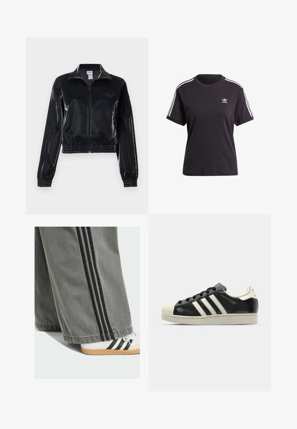 Chaqueta de chándal negra y brillante con cremallera, puños y dobladillo elásticos, que presenta un sutil detalle de tres rayas en las mangas y un logotipo tono sobre tono en el pecho.; Camiseta de algodón negra de manga corta con cuello redondo, que presenta rayas blancas en los hombros y un pequeño logo blanco de Adidas en el pecho.; Pantalones de mezclilla de pierna ancha en gris con rayas negras en los lados. Una zapatilla blanca con rayas negras y una suela de goma es parcialmente visible.; Zapatilla de cuero negro con rayas blancas, puntera de goma, cordones negros y suela color crema. Textura suave con acabado brillante.