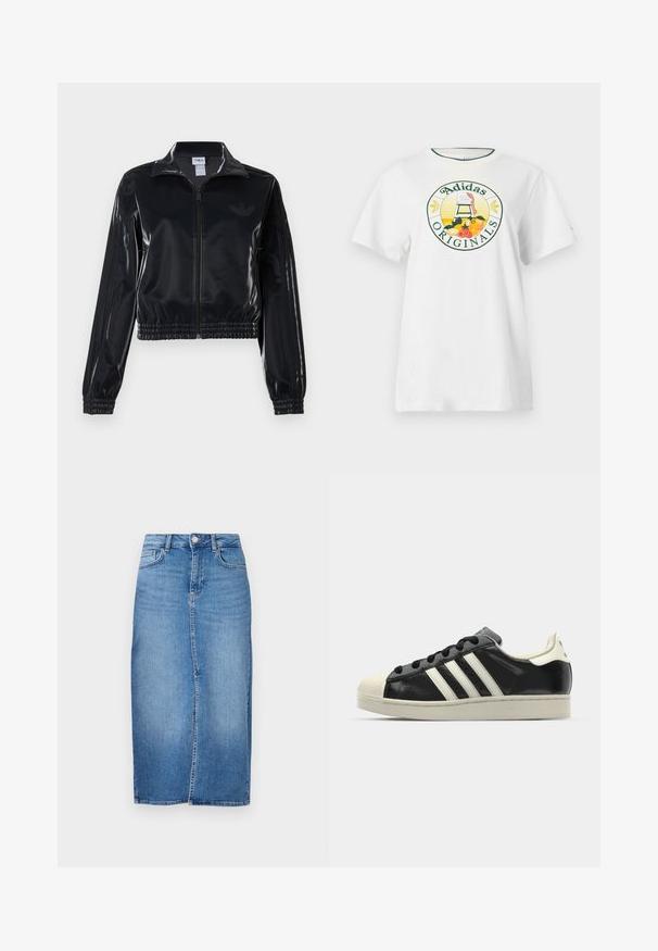 Melna spīdīga zip-up sporta jaka ar elastīgām piedurknēm un apakšmalu, ar smalku trīsrindu detaļu uz piedurknēm un tonālu logotipu uz krūšu daļas.; Balts kokvilnas t-krekls ar īsām piedurknēm, kuram ir apaļš grafiskais logotips zaļā un dzeltenā krāsā, attēlojot "Adidas Originals" un augļu dizainus.; Gaišā zila denima midi svārku ar taisnu griezumu, priekšējo šķēlumu un tradicionālo piecu kabatu dizainu ar metāla aksesuāriem.; Melna ādas sporta apava ar baltām svītrām, gumijas purngala aizsardzību, melnām auklām un krēma krāsas zoli. Gluda tekstūra ar spīdīgu apdari.