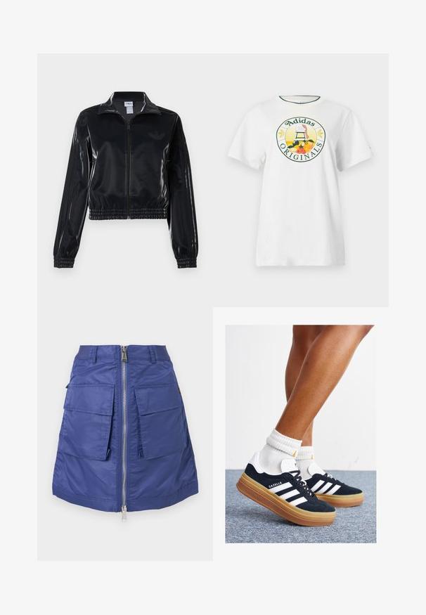 Melna spīdīga zip-up sporta jaka ar elastīgām piedurknēm un apakšmalu, ar smalku trīsrindu detaļu uz piedurknēm un tonālu logotipu uz krūšu daļas.; Balts kokvilnas t-krekls ar īsām piedurknēm, kuram ir apaļš grafiskais logotips zaļā un dzeltenā krāsā, attēlojot "Adidas Originals" un augļu dizainus.; Kara zila svārku no neilona ar priekšējo rāvējslēdzēja aizdari. Iezīmē divas lielas kabatas un strukturētu siluetu. Gluda tekstūra.; Melnas zamšādas sporta kurpes ar baltām svītrām un akcentiem, apaļa purngala daļa, gumijas zole, kopā ar baltām ribotām sporta zeķēm.