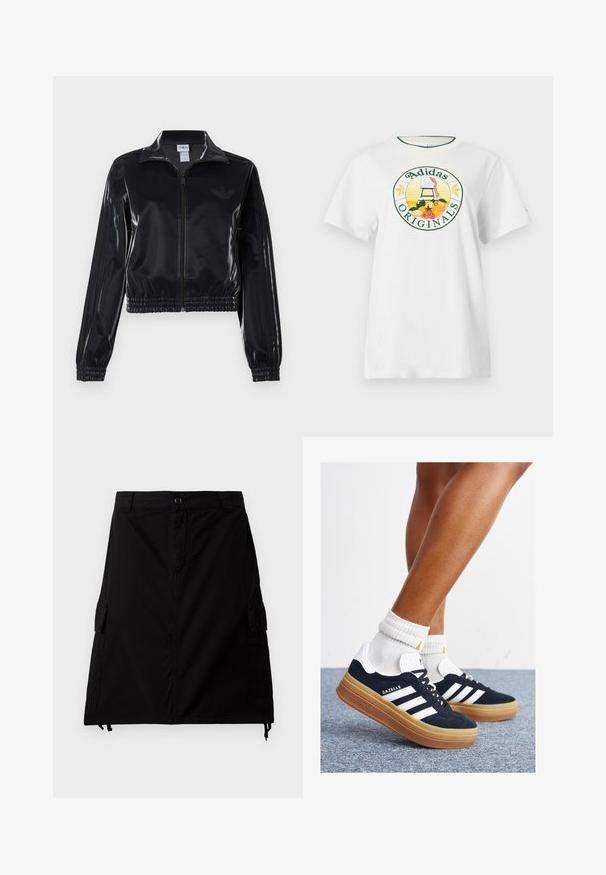 Fekete, fényes, cipzáras sportdzseki elasztikus mandzsettával és aljjal, a mára árnyalatú háromcsíkozás a ujjakon és egy tónusbeli logó a mellkason.; Fehér pamut póló rövid ujjakkal, kerek grafikus logóval zöld és sárga színben, amelyen az "Adidas Originals" felirat és gyümölcs minták láthatók.; Fekete, pamut keverékből készült cargo szoknya, egyenes szabással, oldalsó zsebekkel, elöl gombos záródással és állítható zsinóros aljjal.; Fekete velúr sportcipő fehér csíkokkal és díszítésekkel, lekerekített orral, gumitalpú külső résszel, fehér bordázott bokazoknival párosítva.