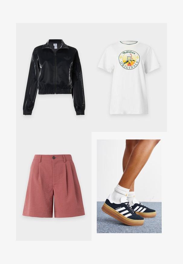 Melna spīdīga zip-up sporta jaka ar elastīgām piedurknēm un apakšmalu, ar smalku trīsrindu detaļu uz piedurknēm un tonālu logotipu uz krūšu daļas.; Balts kokvilnas t-krekls ar īsām piedurknēm, kuram ir apaļš grafiskais logotips zaļā un dzeltenā krāsā, attēlojot "Adidas Originals" un augļu dizainus.; Sarkani teksturēti šorti ar pogu aizdari, ar krokām priekšā un taisnu griezumu, paredzēti ikdienas valkāšanai.; Melnas zamšādas sporta kurpes ar baltām svītrām un akcentiem, apaļa purngala daļa, gumijas zole, kopā ar baltām ribotām sporta zeķēm.