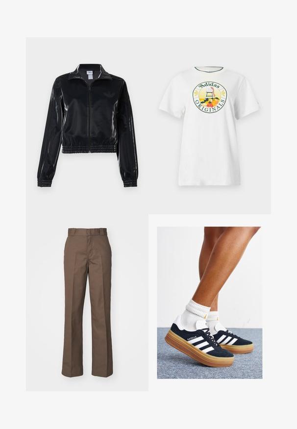 Juodas blizgus zip-up sportinis švarkas su elastinėmis rankovėmis ir apatine dalimi, su subtiliais trimis juostomis ant rankovių ir toniniu logotipu krūtinėje.; Balta medvilnė marškinėliai trumpomis rankovėmis, su apvaliu grafiniu logotipu žaliai ir geltonai, kuriame yra užrašas "Adidas Originals" ir vaisių dizainai.; Rudos medvilnės kelnes su tiesiomis kojomis, turinčiomis lygų priekį ir diržo kilpas. Lygus paviršius, be matomų raštų ar akcentų.; Juodi zomšiniai sportbačiai su baltais dryžiais ir akcentais, apvalios nosies, guminio, gumos pado, derinami su baltais raitytais vidutinio ilgio kojinaitėmis.